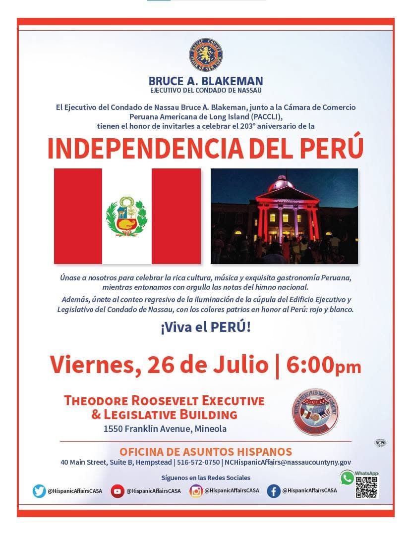 Invitation to the celebration of Peru's independence with Nassau County
