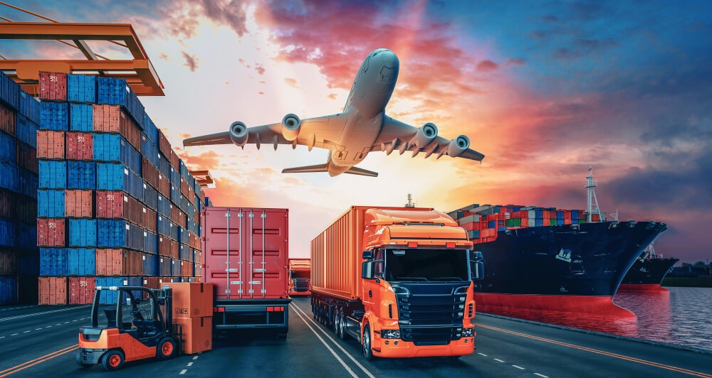 Export and import logistics with cargo containers and international trade